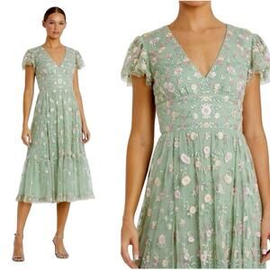 Mac Duggal 35104 Sage Green Embroidered Cap Sleeve Midi Dress Size 14 $698